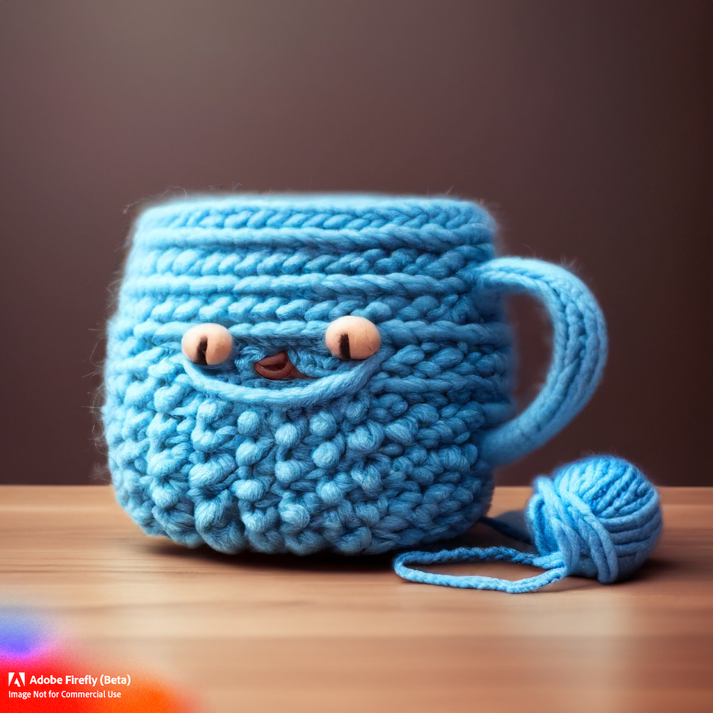 Firefly Happy tyrkys yarn skein sleep on table with blue coffee mug 38059